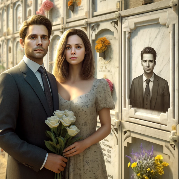 Una imagen hiperrealista de un matrimonio joven, de entre 35 y 40 años, de pie frente a una pared de nichos en un cementerio. En la pared hay una placa de mármol con una fotografía de un familiar fallecido. La escena es pacífica y reflexiva, con la pareja sosteniendo flores. El cementerio está en El Gastor, Cádiz, presenta decoraciones típicas de la zona. La pareja luce serena, con el hombre con el pelo corto y vestido de traje, y la mujer con el pelo largo y vestido. La placa de mármol tiene detalles artísticos y captura la esencia de una obra de arte funeraria personalizada. https://www.lapidascadiz.com/