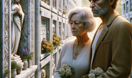 Una pareja madura, de entre 55 y 60 años, parada frente a un nicho en un cementerio, mirando una lápida con la foto de un miembro de la familia. El hombre sostiene un ramo de flores. El escenario es el cementerio de El Puerto de Santa María, Cádiz. La escena es detallada y realista, con la pared del nicho y la lápida mostrando signos de desgaste, y la pareja vestida con vestimenta respetuosa. El ambiente es solemne y reflexivo, con el fondo incluyendo otras lápidas y elementos decorativos propios del cementerio. La imagen es hiperrealista y de relación de aspecto cuadrada. https://www.lapidascadiz.com/