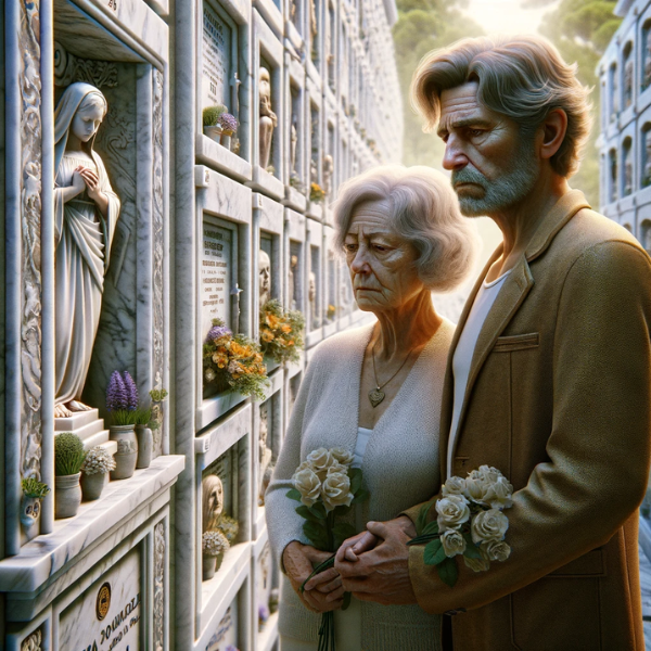 Una pareja madura, de entre 55 y 60 años, parada frente a un nicho en un cementerio, mirando una lápida con la foto de un miembro de la familia. El hombre sostiene un ramo de flores. El escenario es el cementerio de El Puerto de Santa María, Cádiz. La escena es detallada y realista, con la pared del nicho y la lápida mostrando signos de desgaste, y la pareja vestida con vestimenta respetuosa. El ambiente es solemne y reflexivo, con el fondo incluyendo otras lápidas y elementos decorativos propios del cementerio. La imagen es hiperrealista y de relación de aspecto cuadrada. https://www.lapidascadiz.com/