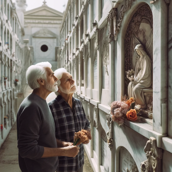 Una pareja madura de entre 55 y 60 años mirando una lápida en una pared de nichos o columbarios. La escena está ambientada en el cementerio de Espera, Cádiz, con detallada decoración típica de la zona. Uno de ellos sostiene flores. La pareja parece estar en un estado de paz, presentando sus respetos a un familiar fallecido cuya foto está en la lápida. El ambiente general es sombrío pero sereno, y la lápida es una obra de arte en mármol bellamente elaborada, que muestra la habilidad de un cantero especializado. https://www.lapidascadiz.com/