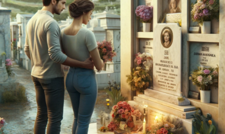 Imagen hiperrealista de un matrimonio joven, de entre 35 y 40 años, frente a una hornacina con placas conmemorativas en un cementerio de Grazalema, Cádiz. La pareja mira una lápida con una fotografía de un familiar fallecido. Uno de ellos sostiene flores. La escena es solemne, con detalles que indican que se encuentran en un cementerio, como nombres y fechas grabados en la lápida. El fondo incluye el entorno pintoresco típico de Grazalema, con elementos como muros de piedra y vegetación. El ambiente es reflexivo y respetuoso. https://www.lapidascadiz.com/