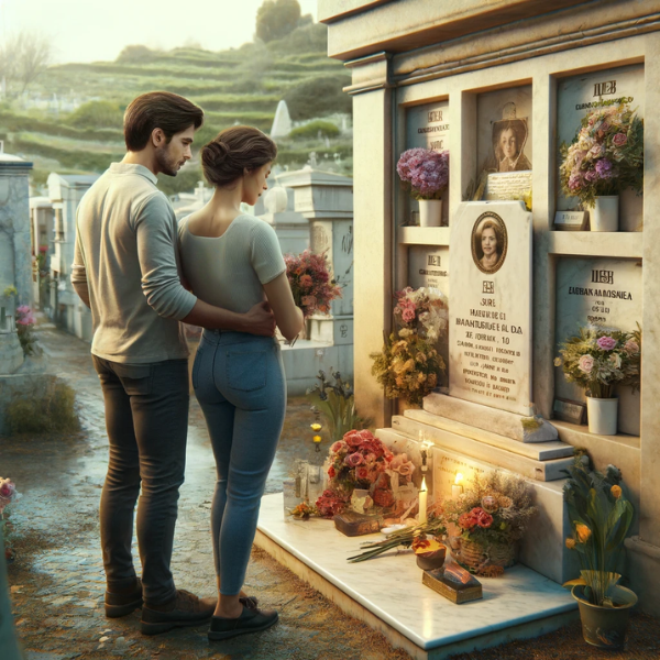 Imagen hiperrealista de un matrimonio joven, de entre 35 y 40 años, frente a una hornacina con placas conmemorativas en un cementerio de Grazalema, Cádiz. La pareja mira una lápida con una fotografía de un familiar fallecido. Uno de ellos sostiene flores. La escena es solemne, con detalles que indican que se encuentran en un cementerio, como nombres y fechas grabados en la lápida. El fondo incluye el entorno pintoresco típico de Grazalema, con elementos como muros de piedra y vegetación. El ambiente es reflexivo y respetuoso. https://www.lapidascadiz.com/