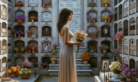 Imagen hiperrealista de una mujer joven, de entre 25 y 35 años, parada frente a un muro de hornacinas o columbarios en un cementerio. Ella sostiene flores y mira una lápida que tiene una foto de un familiar fallecido. La escena está decorada de forma que sugiere que se trata del cementerio de Jerez de la Frontera en Cádiz. El fondo incluye el muro de piedra con múltiples nichos, cada uno marcado con una placa. La atmósfera es solemne y reflexiva, capturando la esencia emocional del momento. https://www.lapidascadiz.com/