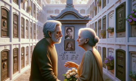 Imagen cuadrada e hiperrealista de una pareja madura de entre 55 y 60 años contemplando una lápida en un cementerio. La lápida forma parte de un muro de nichos o columbarios y tiene una fotografía de un familiar. Uno de ellos sostiene flores. La escena sugiere que se encuentran en el cementerio de La Línea de la Concepción en Cádiz, España. El fondo debe mostrar los nichos y un entorno sereno de cementerio. El ambiente es sombrío y reflexivo, capturando las emociones de recuerdo y duelo. https://www.lapidascadiz.com/