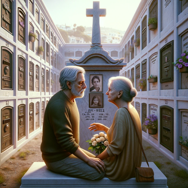 Imagen cuadrada e hiperrealista de una pareja madura de entre 55 y 60 años contemplando una lápida en un cementerio. La lápida forma parte de un muro de nichos o columbarios y tiene una fotografía de un familiar. Uno de ellos sostiene flores. La escena sugiere que se encuentran en el cementerio de La Línea de la Concepción en Cádiz, España. El fondo debe mostrar los nichos y un entorno sereno de cementerio. El ambiente es sombrío y reflexivo, capturando las emociones de recuerdo y duelo. https://www.lapidascadiz.com/