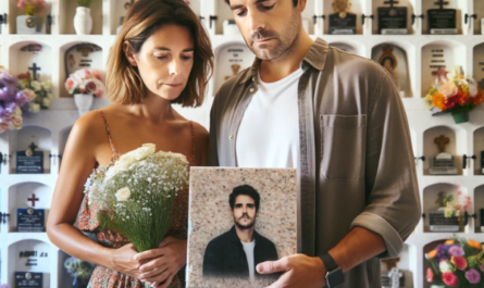 Imagen hiperrealista de una pareja joven de entre 35 y 40 años, de pie frente a un muro de hornacinas, osarios o columbarios de un cementerio. El escenario es Los Barrios, Cádiz, con un ambiente sombrío y respetuoso. La pareja mira una lápida con una fotografía de un familiar fallecido. Uno de ellos sostiene flores. La artesanía de la lápida es detallada, centrándose en la calidad artesanal y personalizada, capturando las emociones y los recuerdos del difunto. El fondo incluye decoraciones de cementerio típicas de la región. https://www.lapidascadiz.com/