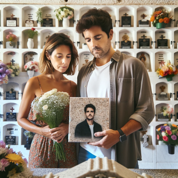 Imagen hiperrealista de una pareja joven de entre 35 y 40 años, de pie frente a un muro de hornacinas, osarios o columbarios de un cementerio. El escenario es Los Barrios, Cádiz, con un ambiente sombrío y respetuoso. La pareja mira una lápida con una fotografía de un familiar fallecido. Uno de ellos sostiene flores. La artesanía de la lápida es detallada, centrándose en la calidad artesanal y personalizada, capturando las emociones y los recuerdos del difunto. El fondo incluye decoraciones de cementerio típicas de la región. https://www.lapidascadiz.com/