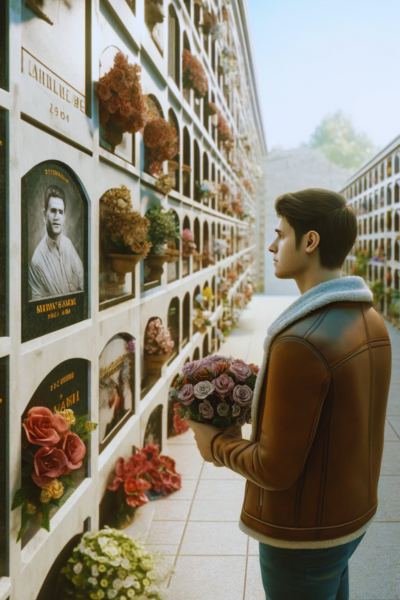 Imagen vertical hiperrealista de un joven (entre 25 y 35 años) mirando una lápida en una pared de hornacinas en el Cementerio de Melilla. La lápida presenta una fotografía de un familiar fallecido. El joven sostiene un ramo de flores en sus manos. El escenario es solemne y respetuoso, con paredes bien mantenidas y decoraciones florales que indican el entorno del cementerio. El ambiente es tranquilo, con un cielo despejado y una luz suave. https://www.lapidascadiz.com/