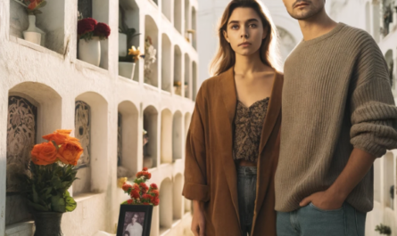 Una pareja joven de entre 35 y 40 años parada frente a una pared de nichos en un cementerio. Miran solemnemente una lápida con la fotografía de un familiar. Uno de ellos sostiene flores. La escena está ambientada en el cementerio de Olvera, Cádiz, con paredes encaladas, arquitectura típica de cementerio español y un ambiente sereno y respetuoso. https://www.lapidascadiz.com/