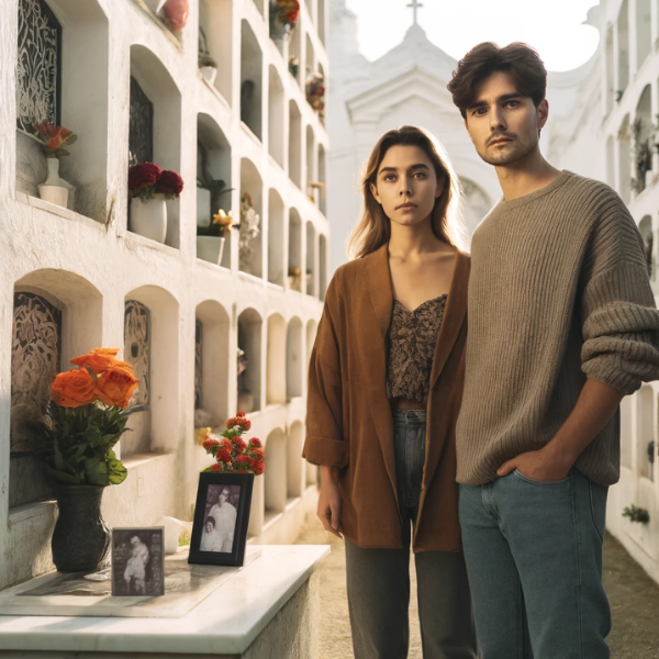 Una pareja joven de entre 35 y 40 años parada frente a una pared de nichos en un cementerio. Miran solemnemente una lápida con la fotografía de un familiar. Uno de ellos sostiene flores. La escena está ambientada en el cementerio de Olvera, Cádiz, con paredes encaladas, arquitectura típica de cementerio español y un ambiente sereno y respetuoso. https://www.lapidascadiz.com/