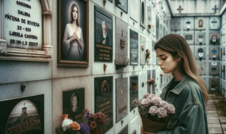 Una joven de entre 25 y 35 años parada frente a una hornacina en un cementerio de Paterna de Rivera, Cádiz. La escena es sombría y respetuosa, con la mujer sosteniendo un ramo de flores en sus manos. La pared del nicho tiene varias placas y fotografías, una de las cuales muestra de manera destacada la fotografía de un ser querido fallecido. El entorno del cementerio es tranquilo, con un entorno bien mantenido y una atmósfera solemne. El ambiente general es de reflexión y recuerdo, capturando la esencia de honrar la memoria de un ser querido. https://www.lapidascadiz.com/