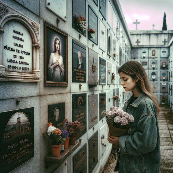 Una joven de entre 25 y 35 años parada frente a una hornacina en un cementerio de Paterna de Rivera, Cádiz. La escena es sombría y respetuosa, con la mujer sosteniendo un ramo de flores en sus manos. La pared del nicho tiene varias placas y fotografías, una de las cuales muestra de manera destacada la fotografía de un ser querido fallecido. El entorno del cementerio es tranquilo, con un entorno bien mantenido y una atmósfera solemne. El ambiente general es de reflexión y recuerdo, capturando la esencia de honrar la memoria de un ser querido. https://www.lapidascadiz.com/