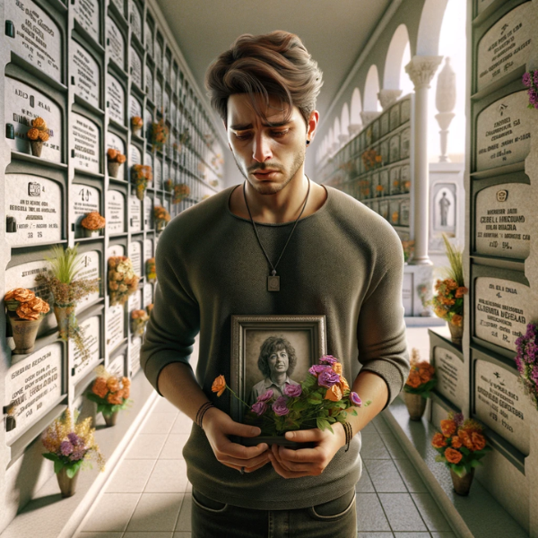 Imagen hiperrealista de un joven de entre 25 y 35 años de pie frente a un muro de hornacinas, osarios o columbarios de un cementerio. Sostiene un ramo de flores y mira una lápida que tiene una fotografía de un familiar fallecido. El cementerio está decorado y ambientado en Prado del Rey, Cádiz. La imagen captura el ambiente sombrío y respetuoso de la escena, con atención detallada al fondo y las expresiones del rostro del joven. La obra de arte de la lápida está meticulosamente elaborada y refleja la habilidad de un escultor de mármol excepcional que crea piezas personalizadas y profundamente personalizadas. https://www.lapidascadiz.com/