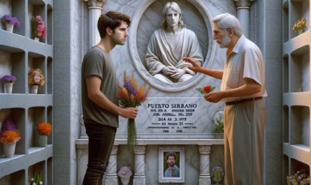 Una imagen cuadrada hiperrealista que muestra a un joven (de entre 25 y 35 años) acompañando a su anciano padre mientras miran una lápida en una pared de nichos en el cementerio de Puerto Serrano, Cádiz. La lápida presenta una fotografía de un familiar fallecido. El joven sostiene flores en sus manos. El entorno es sereno y respetuoso, con paredes bien mantenidas, flores y un ambiente tranquilo. La artesanía de la lápida refleja el trabajo de un escultor de mármol altamente calificado y dedicado que se especializa en crear monumentos conmemorativos personalizados y emocionalmente resonantes. https://www.lapidascadiz.com/