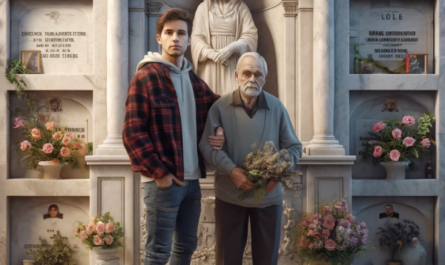 Una imagen cuadrada hiperrealista de un joven acompañando a su anciano padre en un cementerio. Están parados frente a una pared de nichos, osarios o columbarios. En la pared hay una lápida con una fotografía de un familiar fallecido. El joven sostiene flores y ambos parecen sombríos. El entorno del cementerio está decorado y recuerda a Rota, Cádiz. El fondo incluye elementos tradicionales de un cementerio con lápidas de mármol, creando una atmósfera de respeto y recuerdo. https://www.lapidascadiz.com/