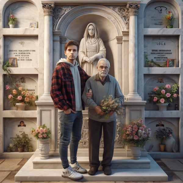 Una imagen cuadrada hiperrealista de un joven acompañando a su anciano padre en un cementerio. Están parados frente a una pared de nichos, osarios o columbarios. En la pared hay una lápida con una fotografía de un familiar fallecido. El joven sostiene flores y ambos parecen sombríos. El entorno del cementerio está decorado y recuerda a Rota, Cádiz. El fondo incluye elementos tradicionales de un cementerio con lápidas de mármol, creando una atmósfera de respeto y recuerdo. https://www.lapidascadiz.com/