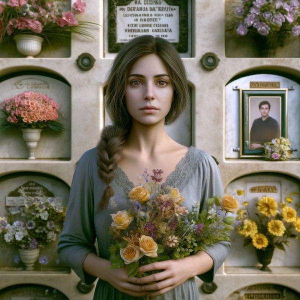 Una imagen hiperrealista de una joven de entre 25 y 35 años. Está parada frente a una hornacina en el cementerio de San Pablo de Buceite, Cádiz. La pared del nicho está adornada con flores y diversas decoraciones, y en una de las placas hay una imagen de un familiar fallecido. La mujer sostiene un ramo de flores en sus manos, luciendo solemne y reflexiva. La atmósfera es serena y captura un momento de profundo recuerdo y honor. https://www.lapidascadiz.com/