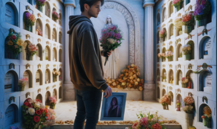 Imagen hiperrealista de un joven de entre 25 y 35 años, de pie ante un muro de hornacinas, osarios o columbarios del cementerio de San Roque de Cádiz. El ambiente es solemne, con el joven sosteniendo un ramo de flores y mirando a una hornacina con una fotografía de un familiar fallecido. La escena captura un momento de profunda reflexión y luto, con el hermoso trabajo de mármol del nicho que resalta la excepcional artesanía del artesano del mármol. Los alrededores están decorados con elementos típicos del cementerio, contribuyendo a la atmósfera emotiva. https://www.lapidascadiz.com/