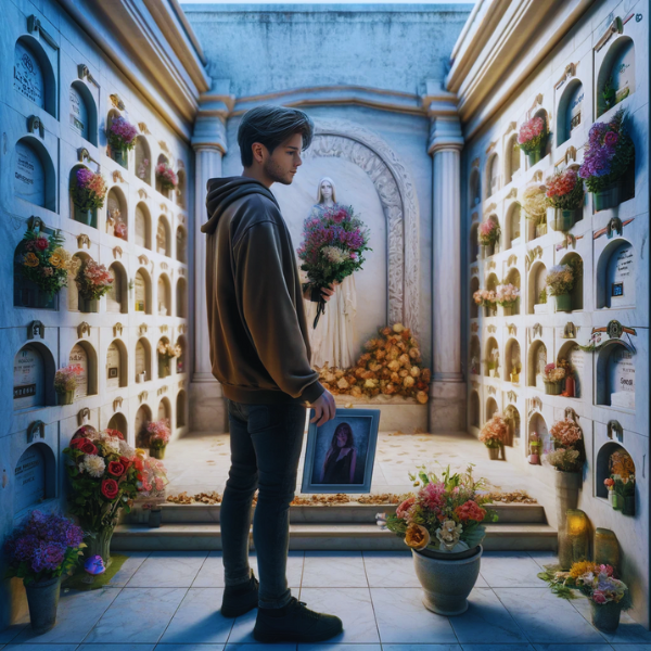 Imagen hiperrealista de un joven de entre 25 y 35 años, de pie ante un muro de hornacinas, osarios o columbarios del cementerio de San Roque de Cádiz. El ambiente es solemne, con el joven sosteniendo un ramo de flores y mirando a una hornacina con una fotografía de un familiar fallecido. La escena captura un momento de profunda reflexión y luto, con el hermoso trabajo de mármol del nicho que resalta la excepcional artesanía del artesano del mármol. Los alrededores están decorados con elementos típicos del cementerio, contribuyendo a la atmósfera emotiva. https://www.lapidascadiz.com/