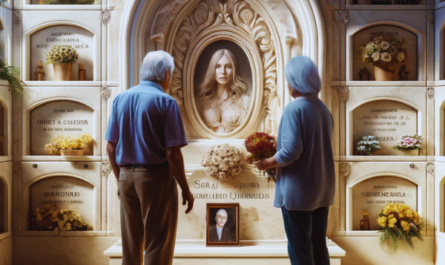 Imagen hiperrealista de una pareja madura de entre 55 y 60 años contemplando una lápida en una pared de hornacinas, osarios o columbarios, con la foto de un familiar fallecido. Uno de ellos sostiene flores. El escenario es claramente el cementerio de Sanlúcar de Barrameda, Cádiz. La escena captura una atmósfera sombría y respetuosa con decoraciones detalladas y un contexto que indica que se encuentran en el cementerio. La lápida refleja la artesanía excepcional de un hábil cantero, enfatizando un diseño personalizado y emocionalmente evocador, con detalles intrincados que resaltan la capacidad única del artesano para dar vida a conceptos abstractos a través del mármol. https://www.lapidascadiz.com/