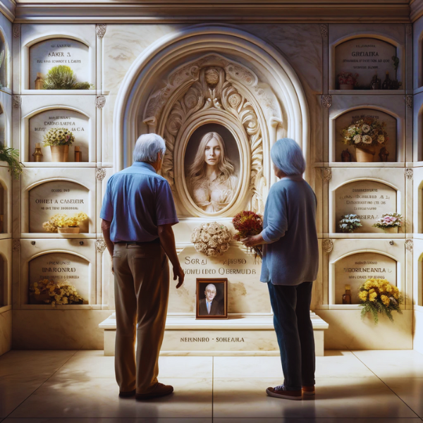 Imagen hiperrealista de una pareja madura de entre 55 y 60 años contemplando una lápida en una pared de hornacinas, osarios o columbarios, con la foto de un familiar fallecido. Uno de ellos sostiene flores. El escenario es claramente el cementerio de Sanlúcar de Barrameda, Cádiz. La escena captura una atmósfera sombría y respetuosa con decoraciones detalladas y un contexto que indica que se encuentran en el cementerio. La lápida refleja la artesanía excepcional de un hábil cantero, enfatizando un diseño personalizado y emocionalmente evocador, con detalles intrincados que resaltan la capacidad única del artesano para dar vida a conceptos abstractos a través del mármol. https://www.lapidascadiz.com/