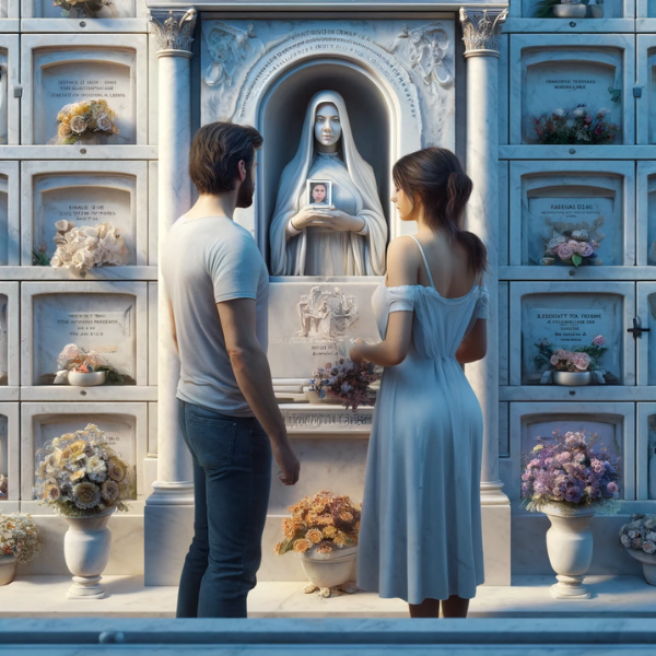 Imagen hiperrealista de una pareja joven, de entre 35 y 40 años, ante un muro de hornacinas, osarios o columbarios en un cementerio de Tarifa, Cádiz. Están mirando una lápida con la foto de un familiar fallecido. Uno de ellos sostiene flores. La escena está ambientada en un cementerio con arte funerario típico, mostrando el trabajo detallado y personalizado de un experto escultor de mármol. Los alrededores incluyen elementos de mármol que han sido intrincadamente tallados para evocar recuerdos y emociones. https://www.lapidascadiz.com/