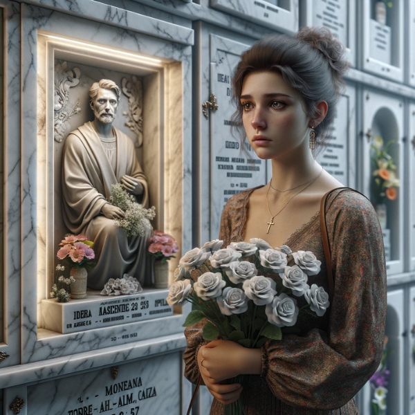 Una imagen hiperrealista de una joven de entre 25 y 35 años. Está parada frente a un muro de nichos en un cementerio de Torre - Alhaquime, Cádiz, sosteniendo flores. El nicho tiene una fotografía de un familiar fallecido y está adornado con elementos que reflejan el arte de un hábil artesano del mármol. La escena es sombría, con la mujer mirando pensativamente el nicho, transmitiendo un profundo sentimiento de pérdida y recuerdo. https://www.lapidascadiz.com/