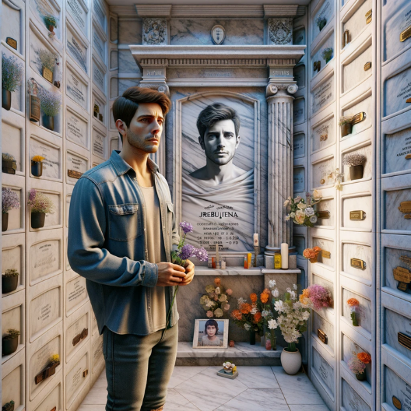 Una imagen hiperrealista de un joven de entre 25 y 35 años. Está de pie frente a una lápida de mármol en una pared de nichos en el cementerio de Trebujena, Cádiz. La lápida presenta la fotografía de un familiar fallecido. El hombre tiene flores en sus manos. La escena es solemne y reflexiva, con elementos del cementerio y decoraciones al fondo. https://www.lapidascadiz.com/