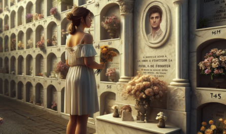 Imagen cuadrada hiperrealista de una mujer joven (de entre 25 y 35 años) mirando una lápida en una pared de nichos en el cementerio de Vejer de la Frontera, Cádiz. La lápida presenta una fotografía de un familiar fallecido. La joven sostiene flores en sus manos, de pie en una pose respetuosa y contemplativa. La pared de nichos está bien mantenida, adornada con flores y otros homenajes. El entorno es sereno y pacífico, reflejando un momento profundamente emotivo. La lápida de mármol muestra una artesanía excepcional y captura la esencia del ser querido fallecido. https://www.lapidascadiz.com/