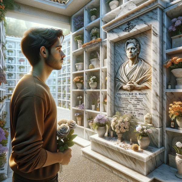 Imagen cuadrada hiperrealista de un joven (de entre 25 y 35 años) mirando una lápida en una pared de nichos en el cementerio de Villaluenga del Rosario, Cádiz. La lápida presenta una fotografía de un familiar fallecido. El joven sostiene flores en sus manos, de pie en un ambiente sereno y respetuoso. El cementerio está decorado con hermosas flores y un entorno bien mantenido, lo que refleja una atmósfera pacífica. La lápida parece haber sido elaborada por un artesano del mármol altamente calificado, mostrando un arte detallado y personalizado, capturando la esencia y las emociones del monumento. https://www.lapidascadiz.com/