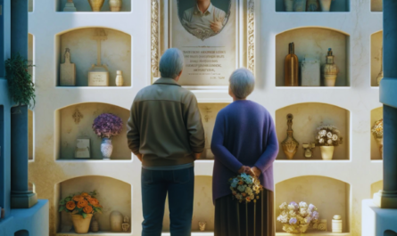 Una imagen cuadrada hiperrealista que muestra a una pareja madura (de entre 55 y 60 años) mirando una lápida en una pared de nichos en el cementerio de Villamartín, Cádiz. La lápida tiene una fotografía de un familiar fallecido. Uno de ellos sostiene un ramo de flores. El escenario es sereno y respetuoso, con paredes bien mantenidas y decoraciones típicas del cementerio. La pareja permanece unida, reflexionando sobre el recuerdo de su ser querido, en un ambiente lleno de emoción y reverencia. https://www.lapidascadiz.com/