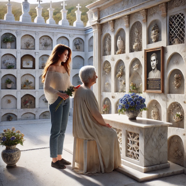 Imagen cuadrada hiperrealista de una mujer joven de entre 25 y 35 años que acompaña a su anciana madre. Están de pie frente a la pared de un nicho en un cementerio, concretamente en Alcalá de los Gazules, Cádiz. La mujer lleva flores, y están mirando una lápida con la foto de un familiar. La escena transmite paz y recuerdo, con decoraciones detalladas alrededor del nicho. El fondo muestra un cementerio sereno y bien cuidado. https://www.lapidascadiz.com/