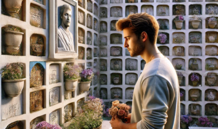 Imagen cuadrada hiperrealista de un joven de entre 25 y 35 años, de pie ante una pared de nichos o columbarios en un cementerio de Alcalá del Valle, Cádiz. Está mirando una lápida con la foto de un familiar, con flores en las manos. La escena es tranquila y el cementerio está decorado según el estilo local. El ambiente es tranquilo, reflejando un momento de recuerdo. https://www.lapidascadiz.com/