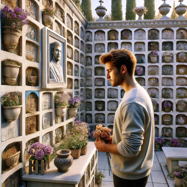 Imagen cuadrada hiperrealista de un joven de entre 25 y 35 años, de pie ante una pared de nichos o columbarios en un cementerio de Alcalá del Valle, Cádiz. Está mirando una lápida con la foto de un familiar, con flores en las manos. La escena es tranquila y el cementerio está decorado según el estilo local. El ambiente es tranquilo, reflejando un momento de recuerdo. https://www.lapidascadiz.com/