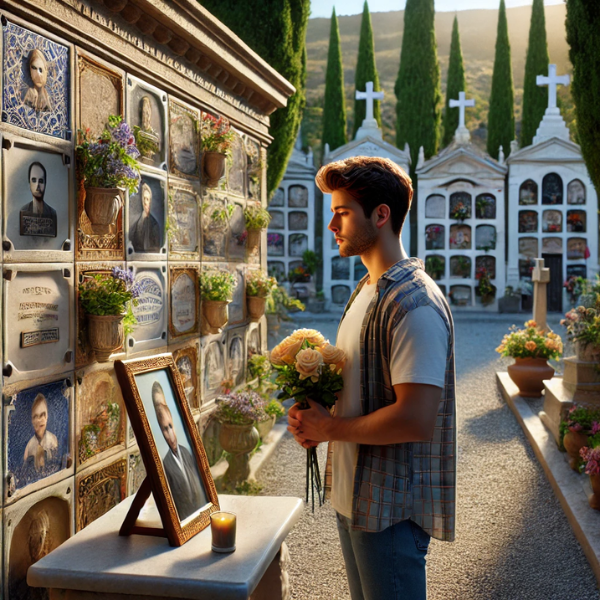 Imagen cuadrada hiperrealista de un joven de entre 25 y 35 años, de pie ante una pared de nichos o columbarios en un cementerio de Alcalá del Valle, Cádiz. Está mirando una lápida con la foto de un familiar, con flores en las manos. La escena es tranquila y el cementerio está decorado según el estilo local. El ambiente es tranquilo, reflejando un momento de recuerdo.
https://www.lapidascadiz.com/