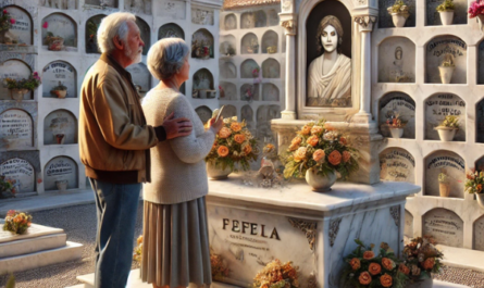 Una pareja de mediana edad (55-60 años) en un cementerio de Algar, Sierra de Cádiz, de pie ante una pared de nichos o columbarios, mirando una lápida con la foto de un familiar fallecido. La escena es apacible, y uno de ellos sostiene flores. El cementerio está decorado con elementos tradicionales y el trabajo en mármol de la lápida es excepcionalmente detallado, reflejando el trabajo de un hábil artesano que transforma el mármol en obras de arte personalizadas. La imagen es hiperrealista y cuadrada. https://www.lapidascadiz.com/