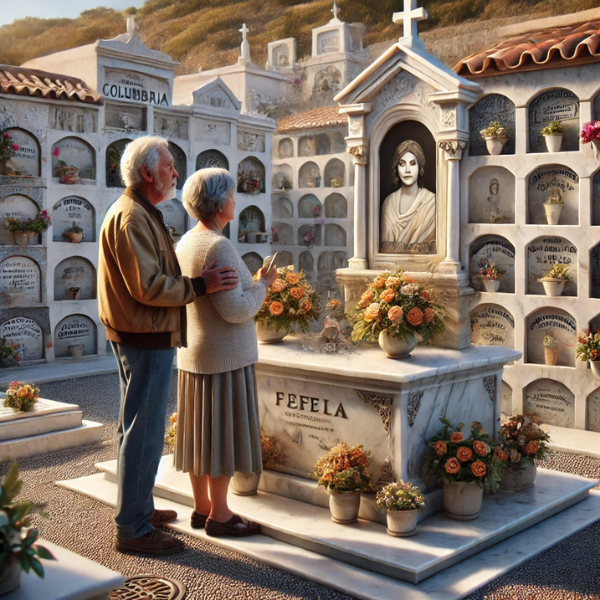 Una pareja de mediana edad (55-60 años) en un cementerio de Algar, Sierra de Cádiz, de pie ante una pared de nichos o columbarios, mirando una lápida con la foto de un familiar fallecido. La escena es apacible, y uno de ellos sostiene flores. El cementerio está decorado con elementos tradicionales y el trabajo en mármol de la lápida es excepcionalmente detallado, reflejando el trabajo de un hábil artesano que transforma el mármol en obras de arte personalizadas. La imagen es hiperrealista y cuadrada. https://www.lapidascadiz.com/