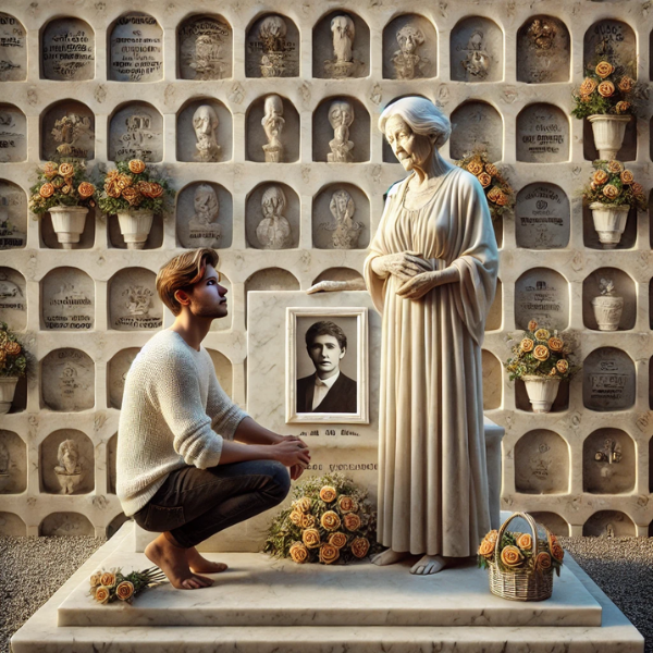 Imagen cuadrada e hiperrealista de un joven o una joven acompañando a su anciana madre en un cementerio. Están delante de una pared de nichos, osarios o columbarios, mirando una lápida con la foto de un familiar fallecido. La joven lleva flores, y ambas parecen estar en paz. La escena está decorada y ambientada en el cementerio de Algeciras, Campo de Gibraltar, Cádiz. La lápida es una obra de arte, magistralmente elaborada en mármol, que muestra las habilidades de un escultor especializado en mármol. https://www.lapidascadiz.com/