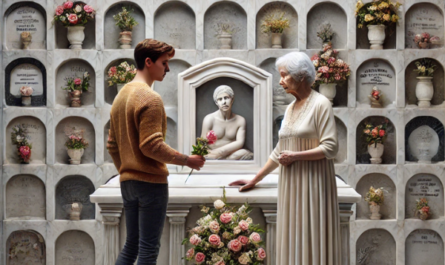 Imagen cuadrada e hiperrealista de un joven o una joven acompañando a su anciana madre en un cementerio. Están delante de una pared de nichos, osarios o columbarios, mirando una lápida con la foto de un familiar fallecido. La joven lleva flores, y ambas parecen estar en paz. La escena está decorada y ambientada en el cementerio de Algeciras, Campo de Gibraltar, Cádiz. La lápida es una obra de arte, magistralmente elaborada en mármol, que muestra las habilidades de un escultor especializado en mármol. https://www.lapidascadiz.com/