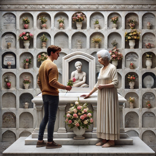 Imagen cuadrada e hiperrealista de un joven o una joven acompañando a su anciana madre en un cementerio. Están delante de una pared de nichos, osarios o columbarios, mirando una lápida con la foto de un familiar fallecido. La joven lleva flores, y ambas parecen estar en paz. La escena está decorada y ambientada en el cementerio de Algeciras, Campo de Gibraltar, Cádiz. La lápida es una obra de arte, magistralmente elaborada en mármol, que muestra las habilidades de un escultor especializado en mármol. https://www.lapidascadiz.com/