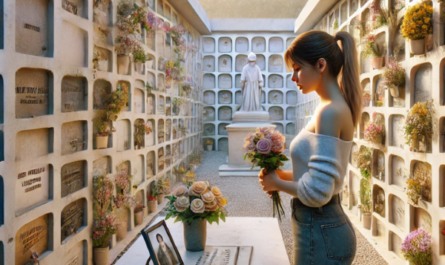 Imagen cuadrada hiperrealista de una mujer joven de entre 25 y 35 años mirando una lápida en un muro de nichos, osarios o columbarios del cementerio de Algodonales de Cádiz. Está en actitud pacífica, con flores en las manos. La lápida tiene la foto de un familiar fallecido. El escenario es claramente un cementerio con la decoración adecuada. El ambiente es tranquilo y respetuoso. https://www.lapidascadiz.com/