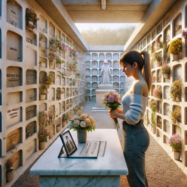 Imagen cuadrada hiperrealista de una mujer joven de entre 25 y 35 años mirando una lápida en un muro de nichos, osarios o columbarios del cementerio de Algodonales de Cádiz. Está en actitud pacífica, con flores en las manos. La lápida tiene la foto de un familiar fallecido. El escenario es claramente un cementerio con la decoración adecuada. El ambiente es tranquilo y respetuoso. https://www.lapidascadiz.com/