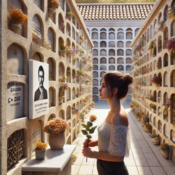 Imagen cuadrada hiperrealista de una mujer joven de entre 25 y 35 años mirando una lápida en un muro de nichos, osarios o columbarios del cementerio de Algodonales de Cádiz. Está en actitud pacífica, con flores en las manos. La lápida tiene la foto de un familiar fallecido. El escenario es claramente un cementerio con la decoración adecuada. El ambiente es tranquilo y respetuoso. https://www.lapidascadiz.com/