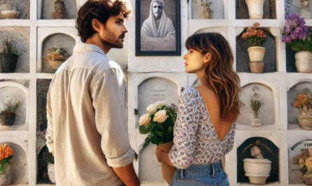 Un matrimonio joven, de entre 35 y 40 años, de pie ante una pared de nichos en un cementerio de Arcos de la Frontera, Sierra de Cádiz. Están mirando tranquilamente una lápida con la fotografía de un familiar fallecido. Uno de ellos lleva flores en la mano. El cementerio está bellamente decorado, reflejo del trabajo de un excepcional artesano del mármol especializado en lápidas personalizadas y artísticas. La escena es solemne pero pacífica, y capta la esencia del recuerdo y el respeto. https://www.lapidascadiz.com/