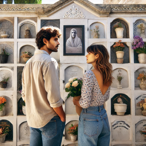 Un matrimonio joven, de entre 35 y 40 años, de pie ante una pared de nichos en un cementerio de Arcos de la Frontera, Sierra de Cádiz. Están mirando tranquilamente una lápida con la fotografía de un familiar fallecido. Uno de ellos lleva flores en la mano. El cementerio está bellamente decorado, reflejo del trabajo de un excepcional artesano del mármol especializado en lápidas personalizadas y artísticas. La escena es solemne pero pacífica, y capta la esencia del recuerdo y el respeto. https://www.lapidascadiz.com/