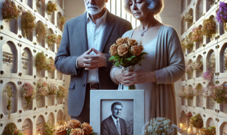 Imagen cuadrada e hiperrealista de una pareja madura de entre 55 y 60 años, de pie ante la pared de un columbario en un cementerio de Barbate, La Janda, Cádiz. Están mirando una lápida con la foto de un familiar fallecido, con actitud tranquila. Uno de ellos sostiene un ramo de flores. La escena está decorada con flores y tiene una atmósfera sombría y respetuosa, que indica un lugar de recuerdo. El entorno del cementerio es detallado, con nichos bien ordenados y un ambiente sereno. https://www.lapidascadiz.com/