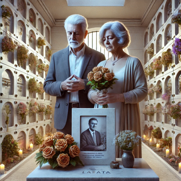 Imagen cuadrada e hiperrealista de una pareja madura de entre 55 y 60 años, de pie ante la pared de un columbario en un cementerio de Barbate, La Janda, Cádiz. Están mirando una lápida con la foto de un familiar fallecido, con actitud tranquila. Uno de ellos sostiene un ramo de flores. La escena está decorada con flores y tiene una atmósfera sombría y respetuosa, que indica un lugar de recuerdo. El entorno del cementerio es detallado, con nichos bien ordenados y un ambiente sereno. https://www.lapidascadiz.com/