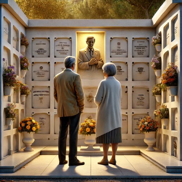 Imagen cuadrada e hiperrealista de una pareja madura de entre 55 y 60 años, de pie ante la pared de un columbario en un cementerio de Barbate, La Janda, Cádiz. Están mirando una lápida con la foto de un familiar fallecido, con actitud tranquila. Uno de ellos sostiene un ramo de flores. La escena está decorada con flores y tiene una atmósfera sombría y respetuosa, que indica un lugar de recuerdo. El entorno del cementerio es detallado, con nichos bien ordenados y un ambiente sereno.
https://www.lapidascadiz.com/