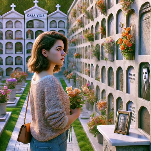 Imagen hiperrealista de una mujer joven de entre 25 y 35 años mirando una lápida en un cementerio. La lápida forma parte de una pared de nichos y tiene una foto de un familiar fallecido. La joven lleva flores en la mano y parece estar en paz. El cementerio está decorado y se parece al cementerio de Benalup-Casas Viejas, en La Janda, Cádiz. El ambiente es solemne y respetuoso, captando la esencia de un momento personal y emotivo.
https://www.lapidascadiz.com/