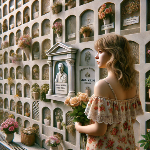 Imagen hiperrealista de una mujer joven de entre 25 y 35 años mirando una lápida en un cementerio. La lápida forma parte de una pared de nichos y tiene una foto de un familiar fallecido. La joven lleva flores en la mano y parece estar en paz. El cementerio está decorado y se parece al cementerio de Benalup-Casas Viejas, en La Janda, Cádiz. El ambiente es solemne y respetuoso, captando la esencia de un momento personal y emotivo. https://www.lapidascadiz.com/